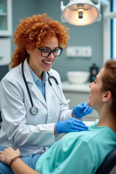 Create a brochure stating that patients are requested for fixed prosthetics, for extractions, for root canal treatment, In the background, a female dentist with curly red hair and black glasses is attending to her patient in a dental office 