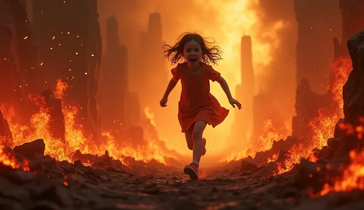 Create an image in which a girl is standing inside fire hell now make the girl run away