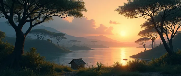 African forest without people distant horizon lake movie scene theatrical perspective high quality cartoon style small hut cinematic lighting high definition beauty art of landscape photography very beautiful 3d drawing style 
