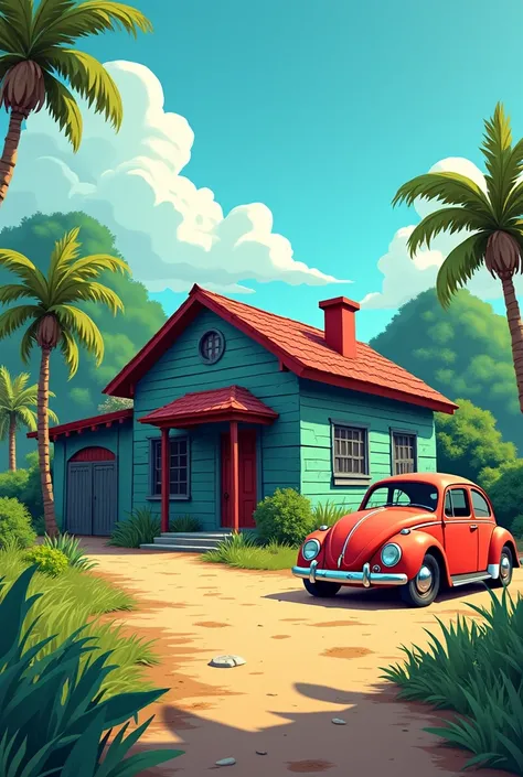 Abandoned single-story Brazilian house with driveway in the garage next door and a small porch in the front in the cartoon style of the Teen Titans animated series. An old beetle in front