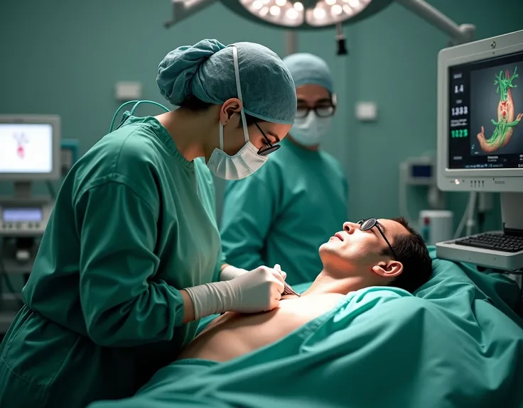 Angelina Jolie wearing green scrubs, wearing surgical mask and skull cap, wearing surgical glasses, performing heart surgery on male patient, in operation theatre, fullbody view, fullbody view, cutting the chest with scalpel,