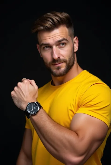 Cool guy in a yellow t-shirt, pumped up, European appearance, SHOWS THE VIEWER WITH ONE HAND IN CLOSE UP AT HIS WATCH ON THE OTHER HAND, Black background, professional photo, high detail, skin texture, Black background
