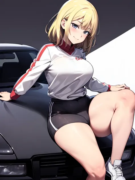 masterpiece, best quality, ultra-detailed, illustrator,1girl, short blonde straight hair, wearing a white top, red and white rac...