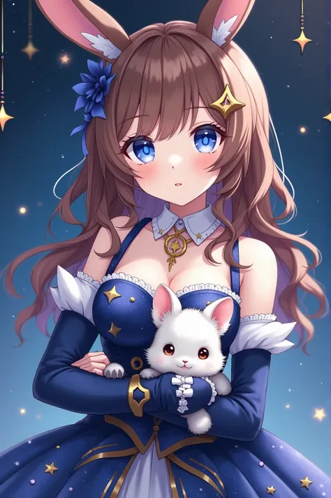 Anime style girl white skin brown hair loose with blue wavy hair tips, rabbit ears. Blue eyes with white six-pointed stars in each eye. Astronomy-themed fancy dress. Gold moon jewelry. Star decoration on the right side of the hair. White chinchilla butler ...