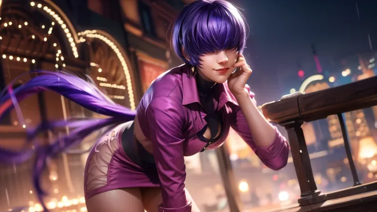 (at night), alone, in a video game scene, a background of a beautiful city during the day raining, standing at attention, purple hair, pink clothes ((purple hair)), 1 girl, alone, 20 years old, woman young, perfect and beautiful hands with perfect fingers,...