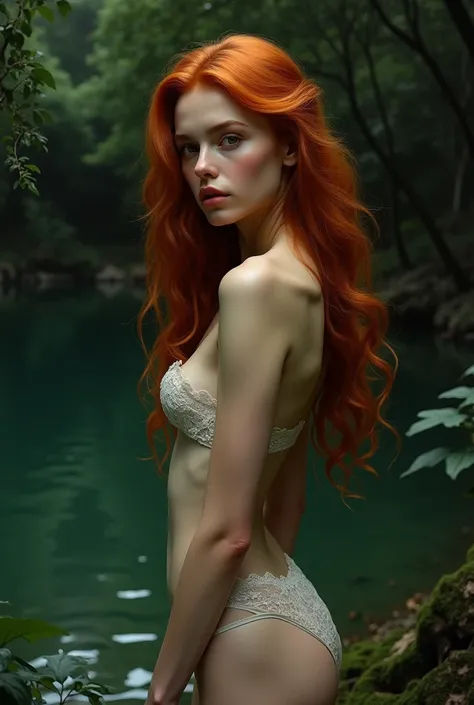 marie avgeropoulos, In a Forest in Front of a Lake 、(flat!!!! tiny!!!! chest), ( girl), 20yo, extremely!!!!!! pretty!!!!!!!!! face, Oil painting model, wearing a open!!!!! Lingerie, topless, anorexic!!!!!!, emaciated!!!!!!!!!!!!!, very skinny!!!!!!, (very ...