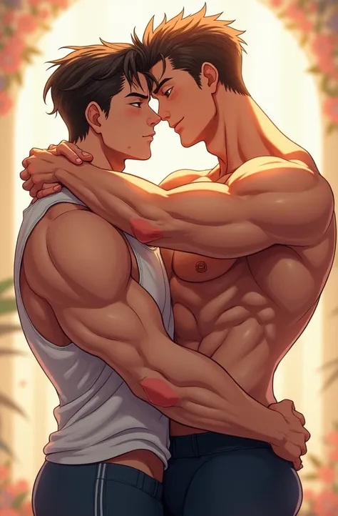 Two muscular boys together hugging the same anime fanart 