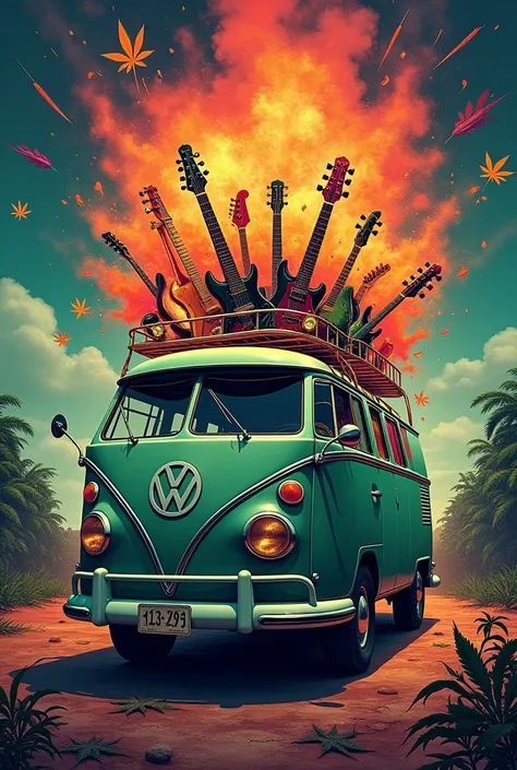 A retro vw van music bus, exploding instruments guitars drums piano, crazy dystopian, smoke cannabis leaves, vector illustration by luke martin & kim jung gi, 32K HD, black background, poster, illustration, painting, photo