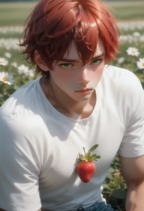 best quality, ultra high res, 1 boy, red hair, green eyes, short and thin body, wearing a white shirt and shorts, ((shy expressi...