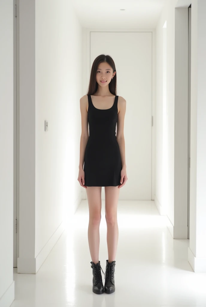 brunette, smile, flat chest, skinny face, white wall, no decoration, short black dress, looking at camera smiling, standing in white hallway, wearing high heel boots
