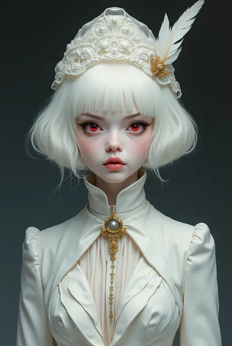 Dark drawing style, Bad-faced woman with small, slanted, almost red pink eyes but with short, layered hair and white eyelashes, totally albino, with skin as pale as snow., She wears a white mesh in the middle of her face that covers her face a little and a...