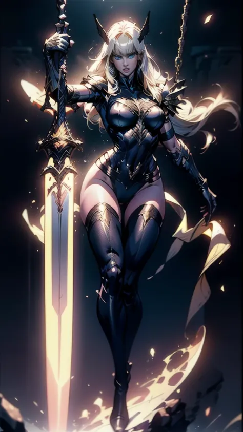 (full body portrait), magik of x-men, illyana rasputin with long white hair, piercing blue eyes, wearing a low cut unitard with ...