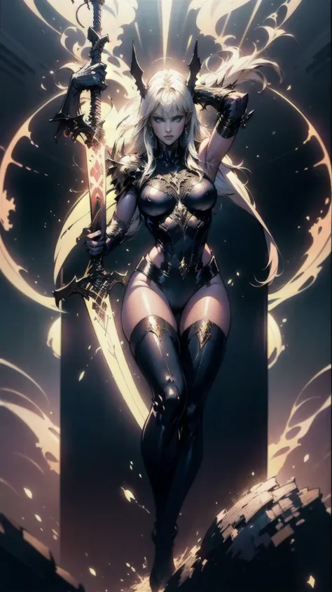 (full body portrait), magik of x-men, illyana rasputin with long white hair, piercing blue eyes, wearing a low cut unitard with ...