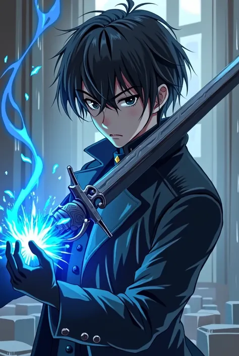 1 young boy with a serious face black eyes straight black hair wearing a black overcoat and black gloves and holding a long thin straight sword and a blue colored aura coming out of his fists