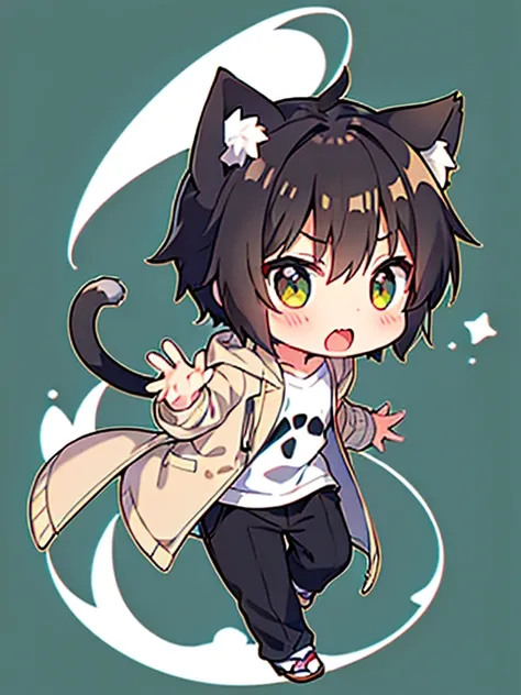 1boy, short brown hair, NEKOMIMI, cat tail, white T shirt, gray jacket, black pants, chibi, put hands on body, full body, green background, close mouth,