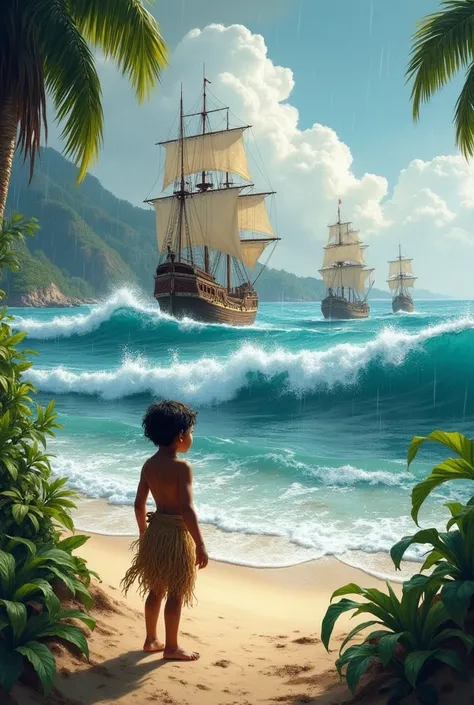 Recreate the scene of the painter, the girl and the Santa Maria arriving in America, do it as if an indigenous child in indigenous clothing were watching from the beach when the ships arrive., There is a lot of jungle around and it is raining, The sea is t...