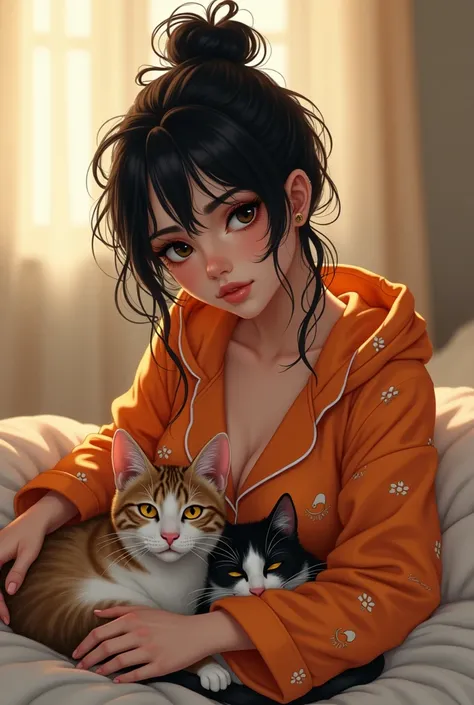 beautiful Italian woman waking up in her bed, orange cat pajamas, bust 20, black eyes.   Messy black hair.  Next to her is a tender brown, white, black orange, dhl American curl cat.  , lisa, hk_girl,