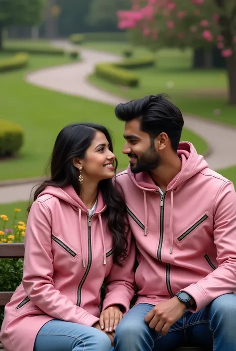 realistie real desi indian  girl and boy Romentic and Sitting for park And the girl is very cute and the girl is wearing stylish pink leather hoddi and the boy is wearing a pink stylish leather hoddi and there is a park in the background 