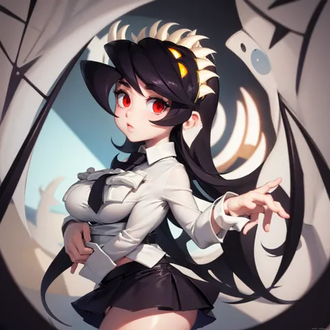 filia, one girl, big thighs, big boobs, tiny waist, big eyes, big lips, beautiful woman, cartoonish, black tiny skirt, white shi...