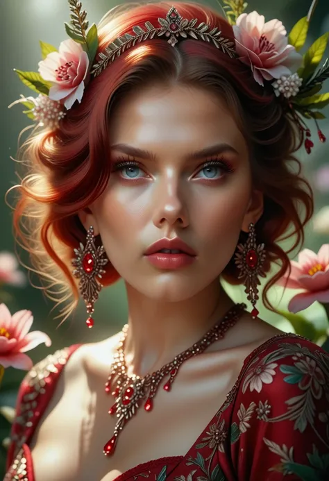 scarlett johansson in a botanical masterpiece in the style of marco mazzoni, detailed, hyper-realistic, front view, elemets of s...