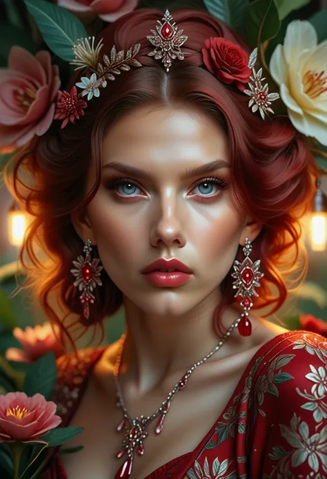 scarlett johansson in a botanical masterpiece in the style of marco mazzoni, detailed, hyper-realistic, front view, elemets of s...