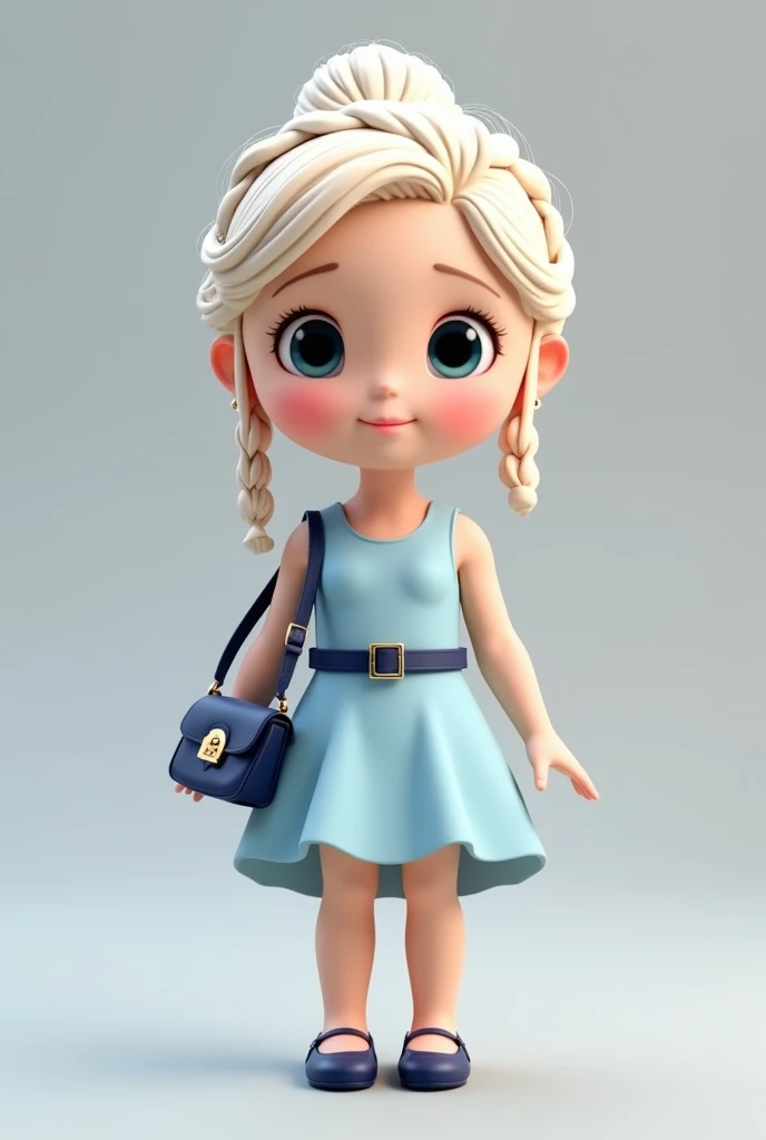 A C4D model, chibi-style girl, in a sky blue dress with a navy blue belt, featuring a high-low hem. Her platinum blonde hair is styled in a whimsical updo with delicate braids. She holds a navy blue handbag with a gold clasp and wears charming navy blue ba...