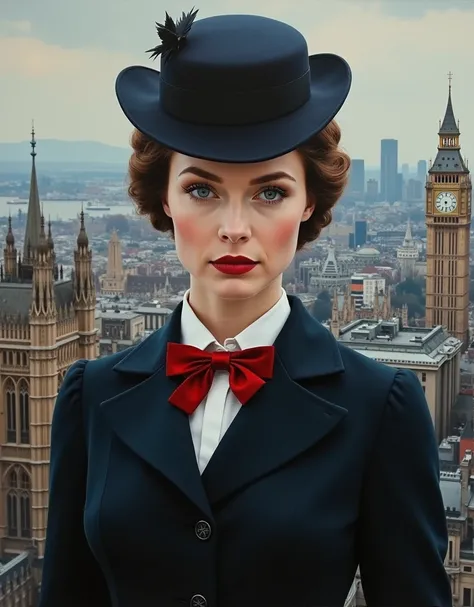 A perfect portrait picture of an enigmatic nanny Mary Poppins [Emily Blunt:Maude Adams:0.35] with aerial background of London in 1934, insanely detailed and intricate, realistic style oil on canvas painting, Don Lawrence Style