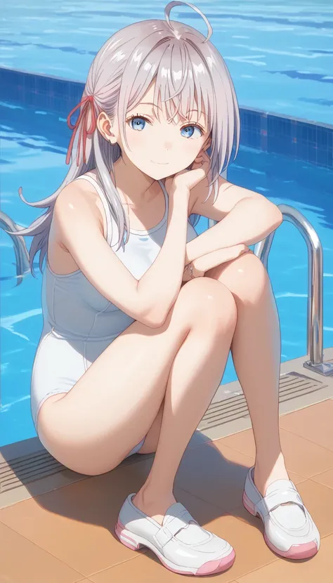 score_9, score_8_up, score_7_up, source_anime, masterpiece, absurdres, medium breasts, mature woman ,perfect face, 1girl, cute expression, smiling, looking at viewer, full body, pool, alisamikhailovna, alisamikhailovna kujou, long hair, bangs, blue eyes, a...