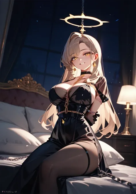 (luxurious very revealing see through black dress:1.3) (hands chained behind back:1.3) (golden halo) black choker, night, dark cozy bedroom, mood lighting, on bed, Absurd, Perfect Anatomy, performance, Good lighting, Shadows in the movies, large breasts, l...