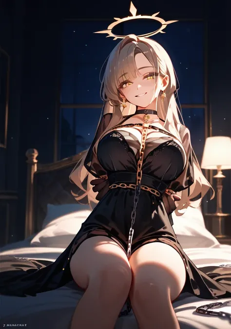 (luxurious very revealing see through black dress:1.3) (hands chained behind back:1.3) (golden halo) black choker, night, dark cozy bedroom, mood lighting, on bed, Absurd, Perfect Anatomy, performance, Good lighting, Shadows in the movies, large breasts, l...