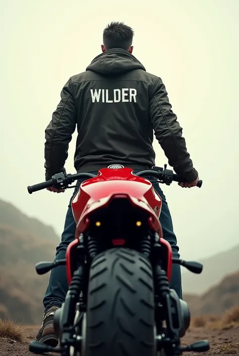 As an image of a man standing with his back turned with the name WILDER on his jacket standing in front of a red motorcycle 