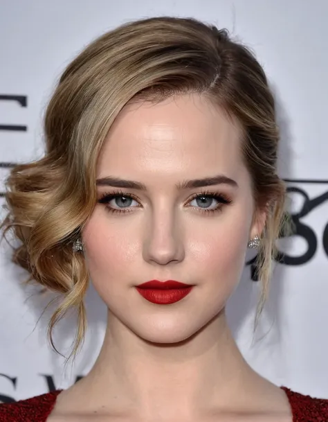 A waist-up portrait of a beautiful female whose facial features are a combination of Alexia Fast + Elizabeth Lail. The female has lovely makeup on her face. The female wears red lipstick. Symmetrical eyes. Symmetrical face. Lovely details. Photorealistic. ...