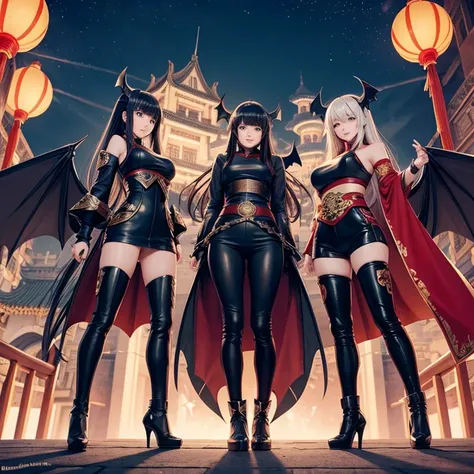 Girls, Anime, Black Leather Pants, Chinese Knight Armor, Long Hair with bangs, Chinese Castle, Giant Bat Wings, Asian, Smile, Friendly, Open Mouth, Full Body.