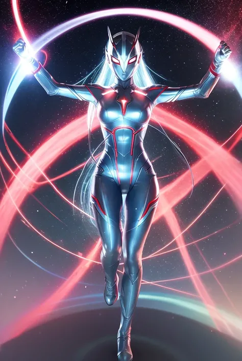 From within the vortex of light、Enter with your fist raised、A female alien with a silver body and red lines、Female Ultraman、The body is transparent