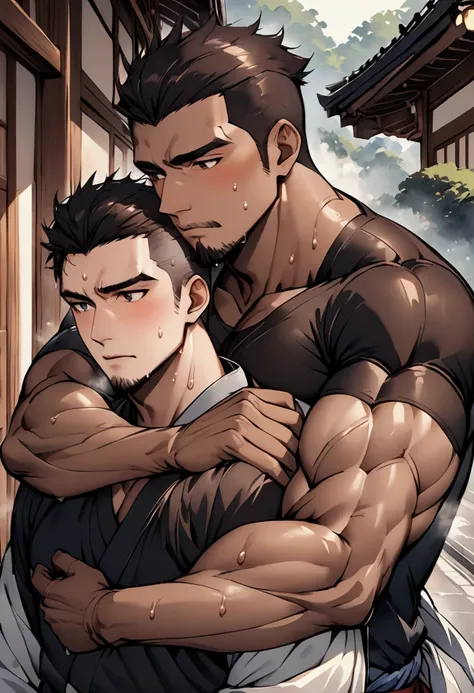 Highest quality、(muscular male:1.5)、(father:0.5)、guy、Shaved head、Brown skin、Short Hair、Sports haircut、short hair、 hug from behind 、grabbing another’s chest、(sweat:1.4)、(steam:1.2)、kimono、Kyoto