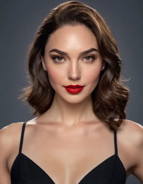 A waist-up portrait of a beautiful female whose facial features are a combination of Gal Gadot + Anna Hopkins. The female has lovely makeup on her face. The female wears red lipstick. Symmetrical eyes. Symmetrical face. Lovely details. Photorealistic. Full...