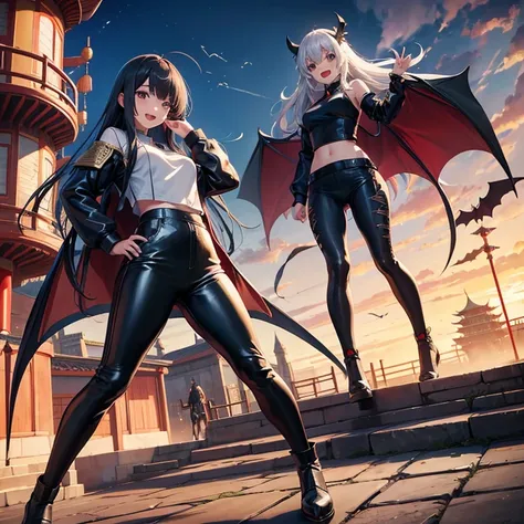 Girls, Anime, Black Leather Pants, Chinese Knight Armor, Long Hair with bangs, Chinese Castle, Giant Bat Wings, Asian, Smile, Friendly, Open Mouth, Full Body, Ghibli.