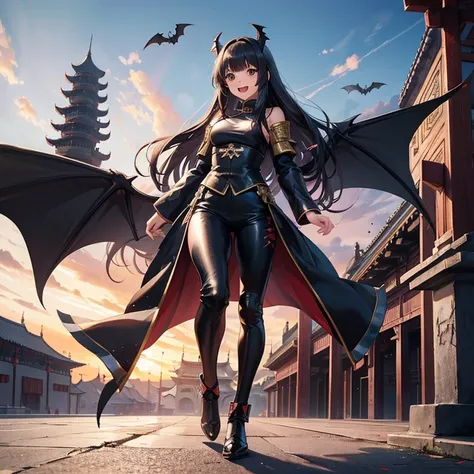 Girls, Anime, Black Leather Pants, Chinese Knight Armor, Long Hair with bangs, Chinese Castle, Giant Bat Wings, Asian, Smile, Friendly, Open Mouth, Full Body, Ghibli.