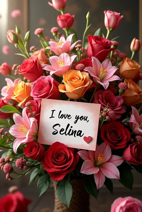 Create a banquet of flowers with a card Written "I Love you Selina"