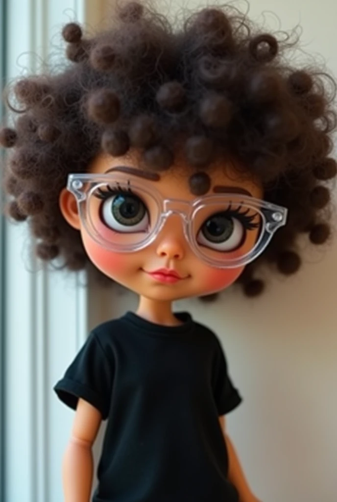 make me a blythe doll that is brown skinned, with dark brown curly hair and curly fringe too, with black eyes and clear glasses, with black t-shirt doing a funny pose