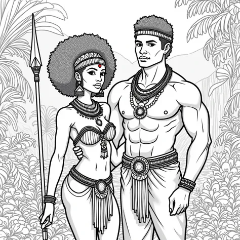  high-resolution line art coloring book page featuring the beautiful Black girl adorned with carib indian carib jewelry and a detailed headdress. The design highlights the patterns and textures, making it perfect for a coloring book., jungle, rivers, water...