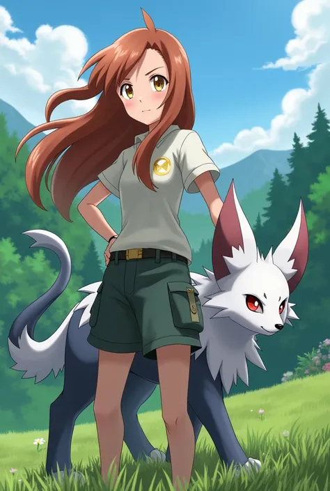 Female Pokémon Trainer, 2 copper brown hair, long, with brown eyes looking forward with an absol to one side 