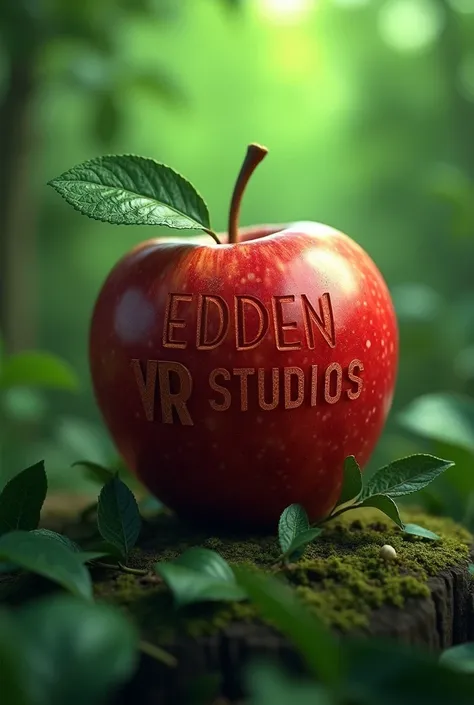 Can you generate me an apple that has an engraving? "Eden VR Studios", with green background