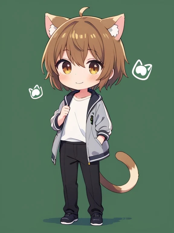 1boy, close mouth, short hair, brown hair, brown eyes, NEKOMIMI, cat tail, white T shirt, gray jacket, black pants, put hands on body, standing, full body, green background, chibi, smile,