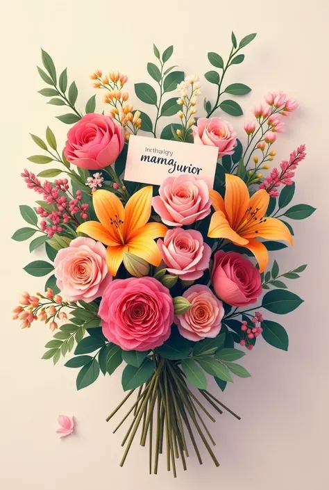 Create a banquet of flowers with a card Written "Morning Mama Junior"