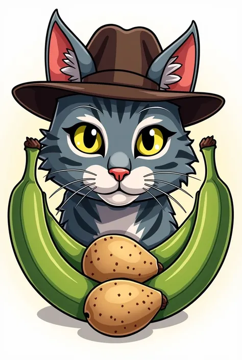 Gray Bengal cat head with hat and green bananas and native potatoes logo cartoon