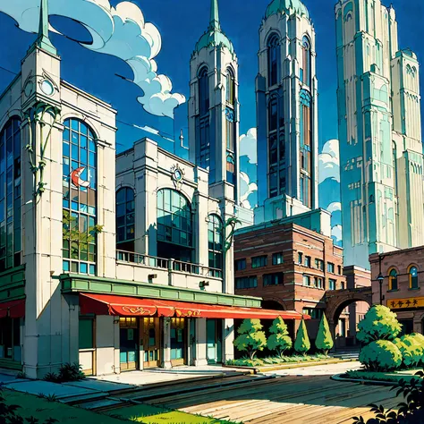 (retrofuturistic), art deco architecture, streamline moderne, (romanesque architecture), fantasy setting, ((low tech)), (big (neon signs) ), small town, ((no characters)), ((Cobblestone buildings, metal buildings, wood buildings)), ((trees, grass, plants, ...