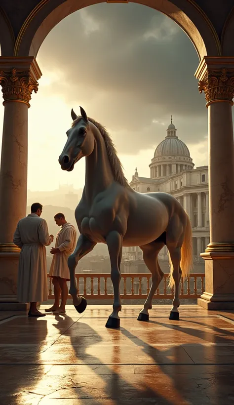 Close-up shot, Low angle shot, (A panoramic view of Rome, with the city’s iconic landmarks—the Colosseum, the Pantheon, and the Roman Forum—standing under a dark, ominous sky. In the foreground, Incitatus,a majestic white stallion”, prances in its marble s...