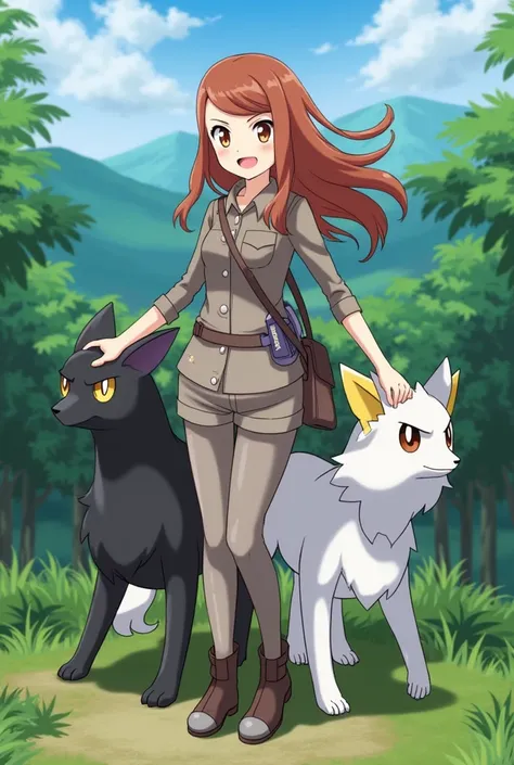 Female Pokémon Trainer, 2 copper brown hair, long, with brown eyes looking forward with an absol to one side 