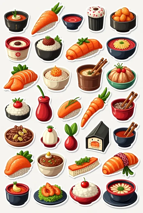 Show me a template of 25 Japanese food stickers 